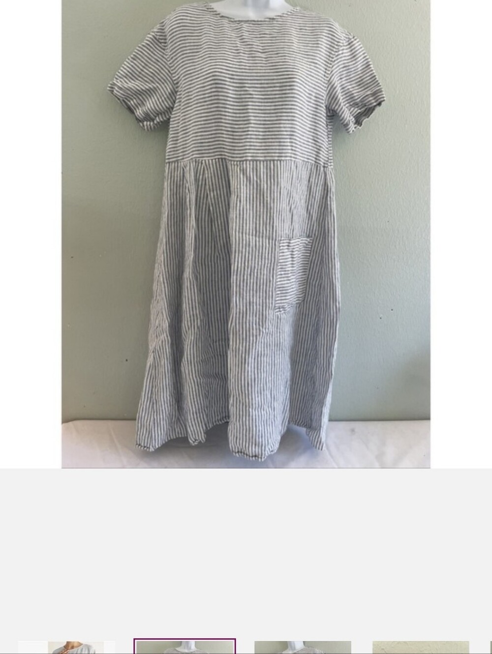 Lintico Linen Pinstripe Paneled Short Sleeved Dress Blue Lagenloook Morgan M - Picture 2 of 4